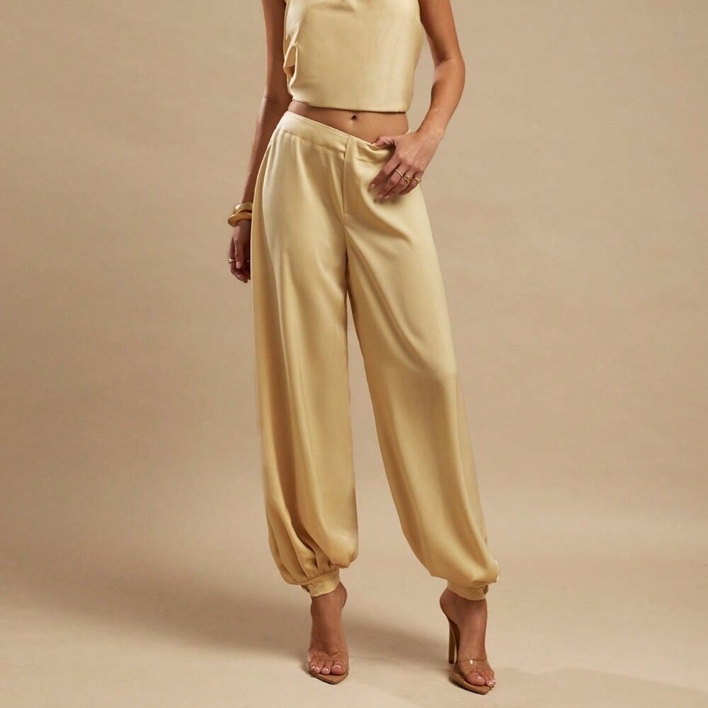 Yellow Casual Women's Satin Pant Set - Picture 6 of 7